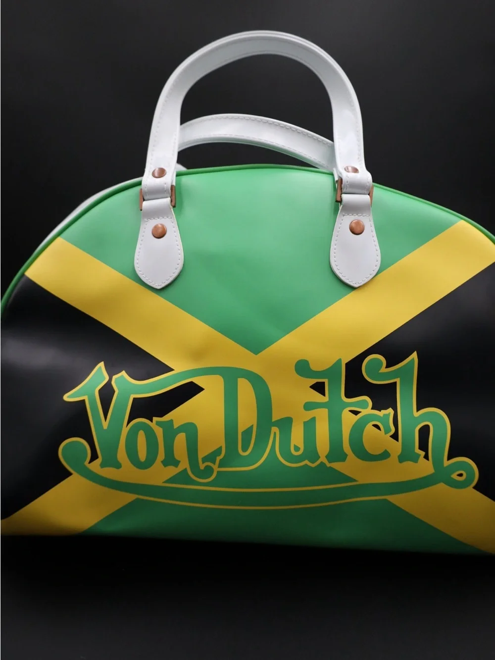 Von Dutch Green Black Yellow Logo Dome Tote Bag Jamaican